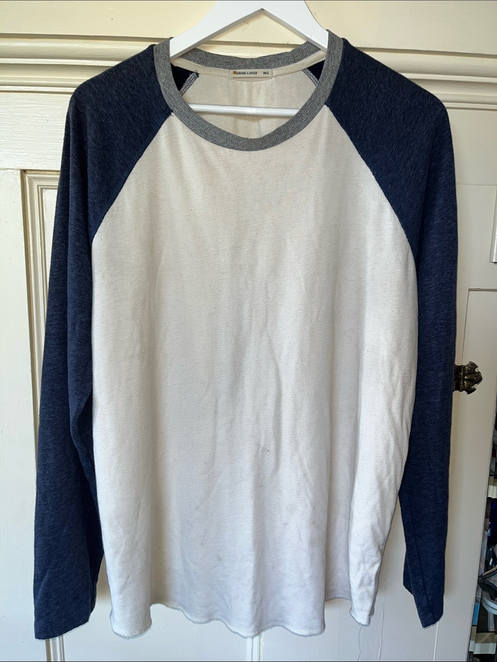 Marine Layer White Body Navy Raglan Long-Sleeve Shirt